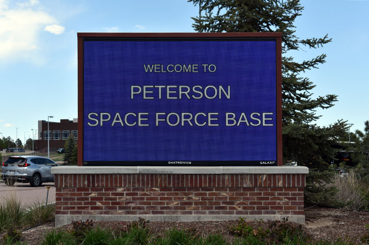 Digital sign at the entrance to Peterson SFB
